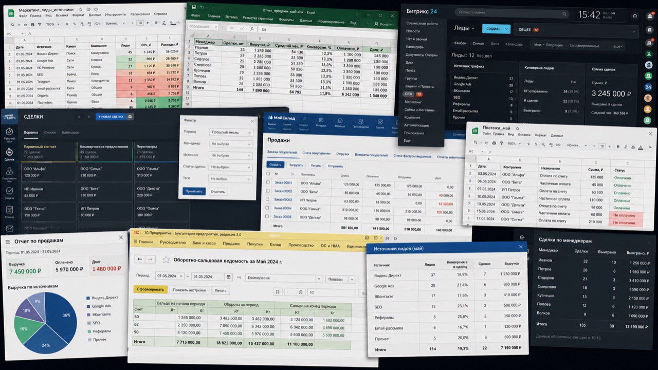 Разрозненные отчёты из CRM, таблиц, 1С и других систем